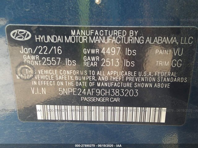 Photo 8 VIN: 5NPE24AF9GH383203 - HYUNDAI SONATA 