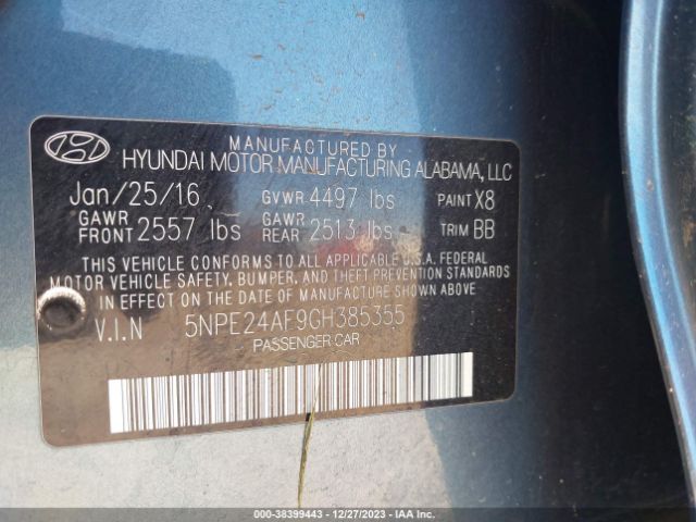 Photo 8 VIN: 5NPE24AF9GH385355 - HYUNDAI SONATA 