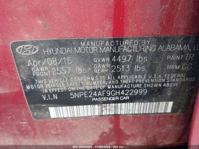 Photo 8 VIN: 5NPE24AF9GH422999 - HYUNDAI SONATA 