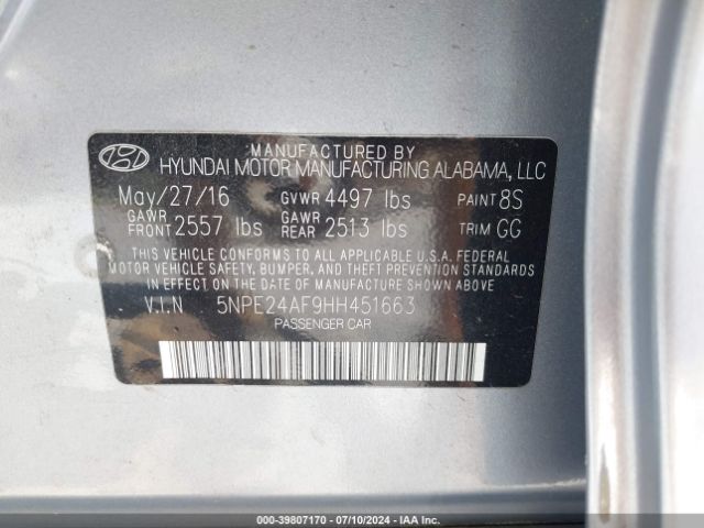 Photo 8 VIN: 5NPE24AF9HH451663 - HYUNDAI SONATA 