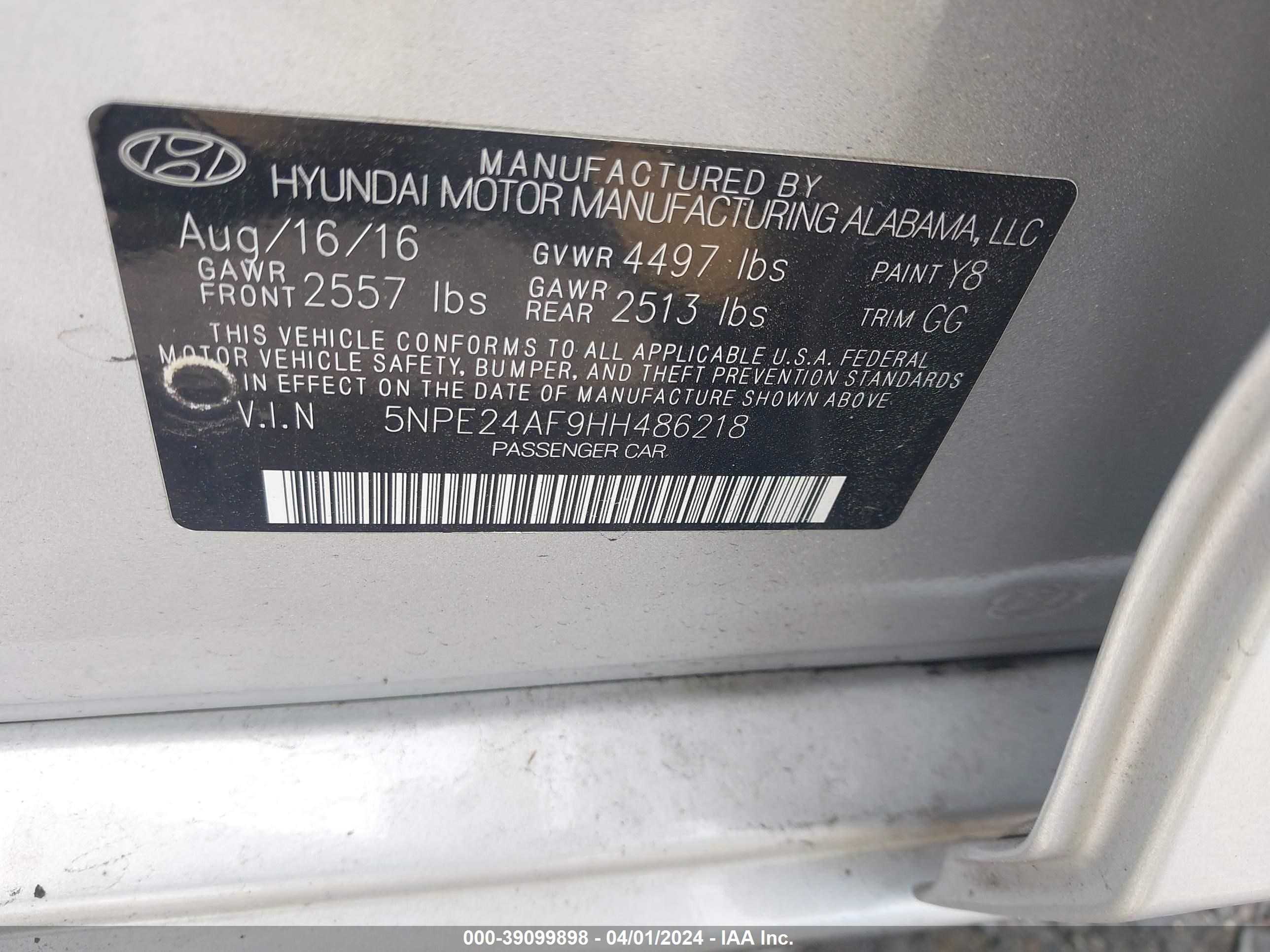 Photo 8 VIN: 5NPE24AF9HH486218 - HYUNDAI SONATA 