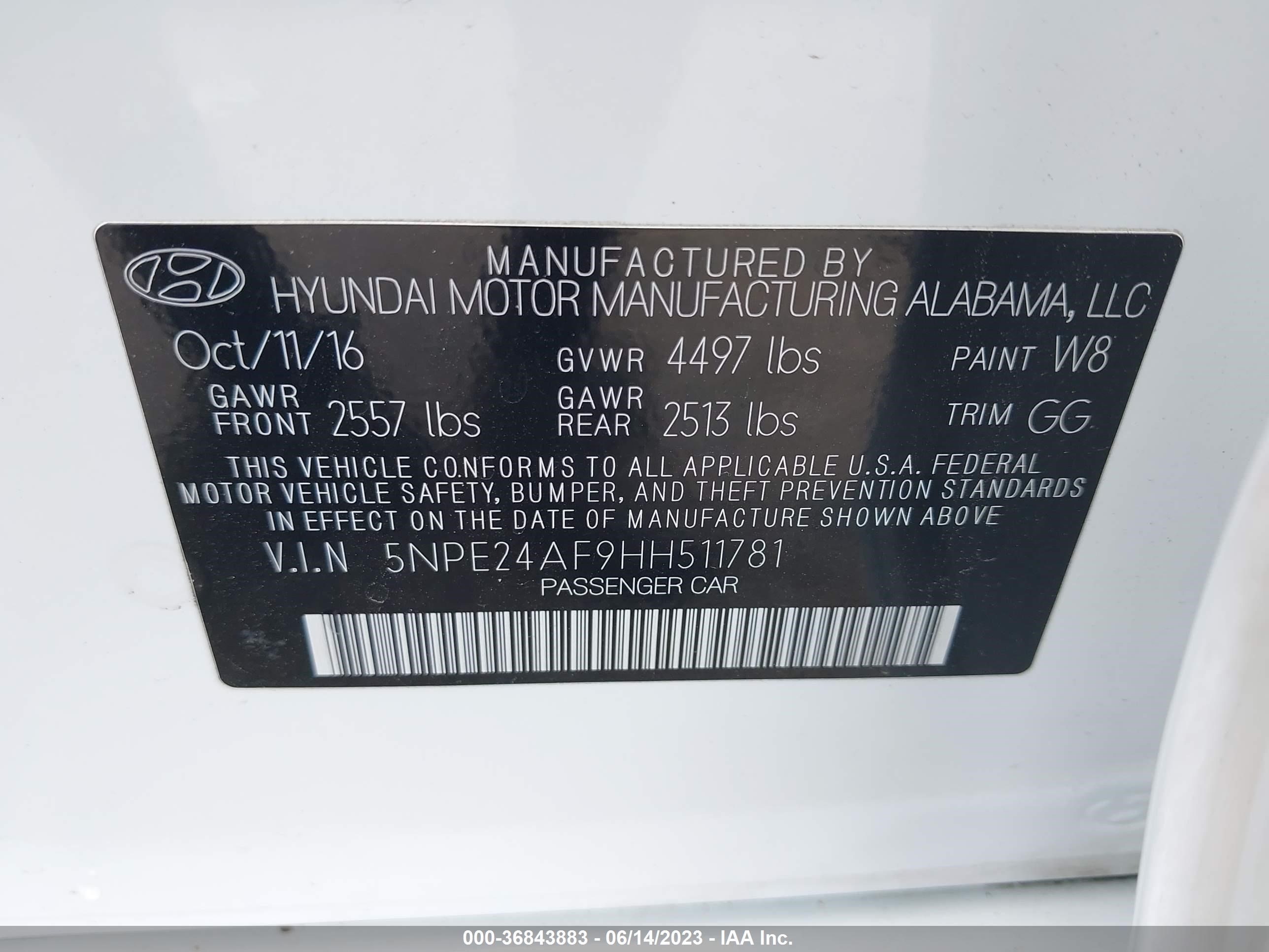 Photo 8 VIN: 5NPE24AF9HH511781 - HYUNDAI SONATA 