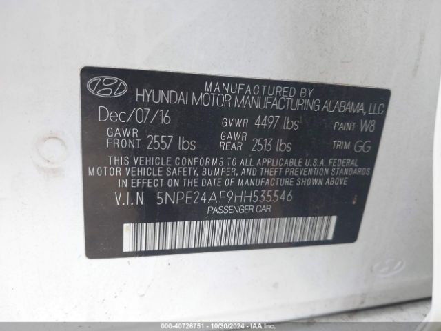 Photo 8 VIN: 5NPE24AF9HH535546 - HYUNDAI SONATA 