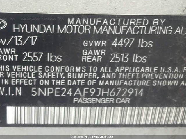 Photo 8 VIN: 5NPE24AF9JH672914 - HYUNDAI SONATA 