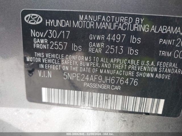 Photo 8 VIN: 5NPE24AF9JH676476 - HYUNDAI SONATA 