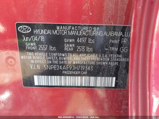 Photo 8 VIN: 5NPE24AF9JH719343 - HYUNDAI SONATA 