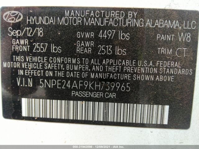 Photo 8 VIN: 5NPE24AF9KH739965 - HYUNDAI SONATA 