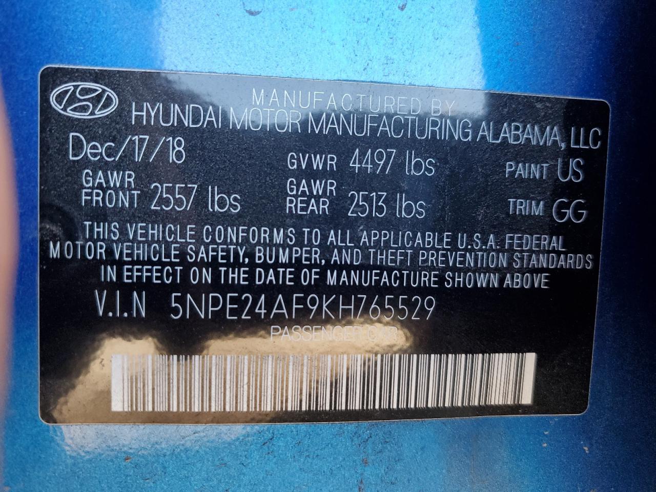 Photo 11 VIN: 5NPE24AF9KH765529 - HYUNDAI SONATA 