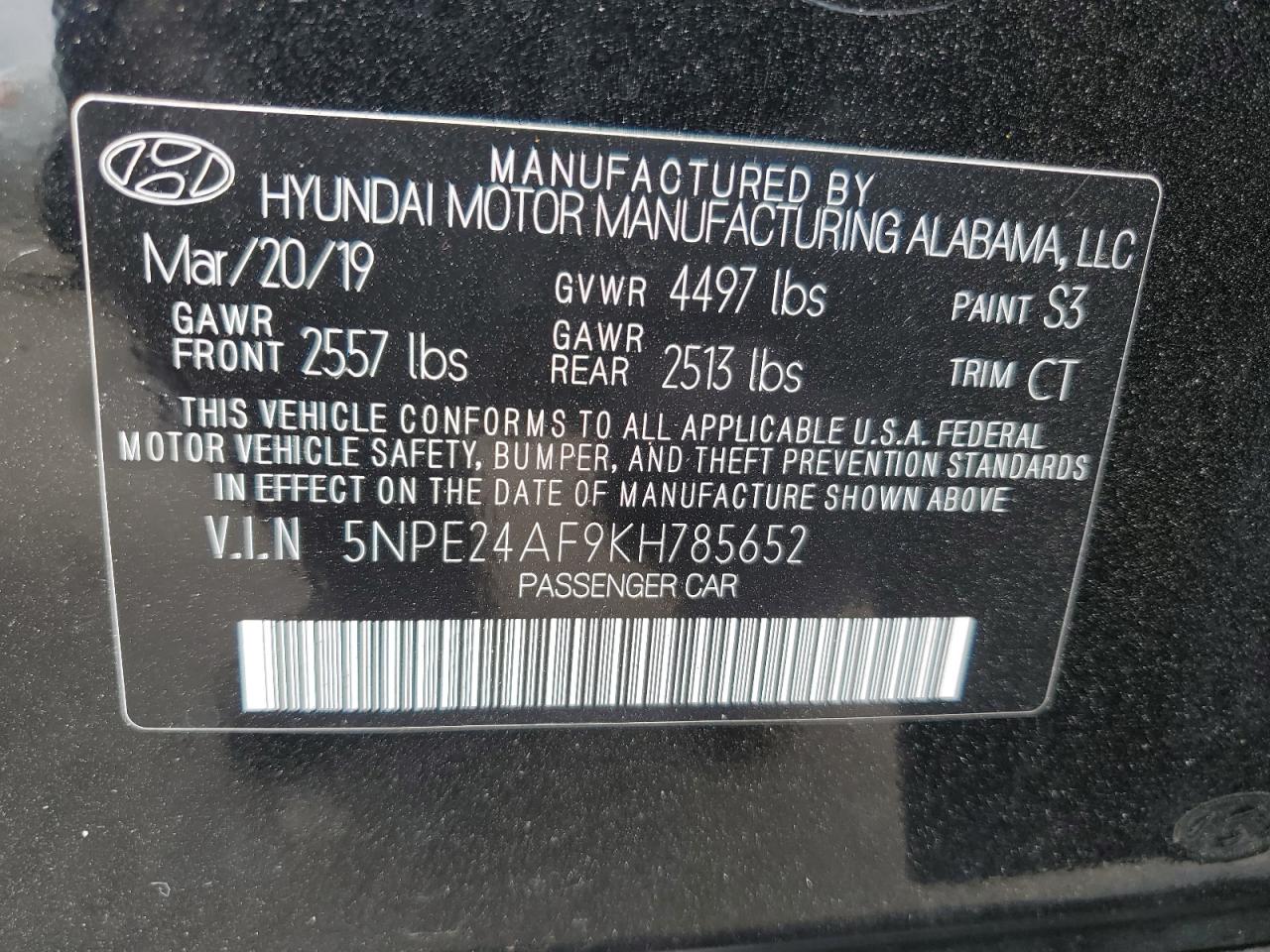 Photo 11 VIN: 5NPE24AF9KH785652 - HYUNDAI SONATA 