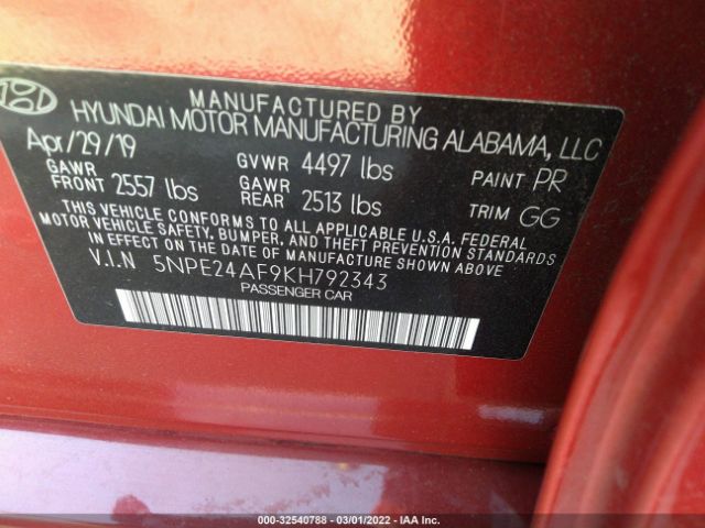 Photo 8 VIN: 5NPE24AF9KH792343 - HYUNDAI SONATA 