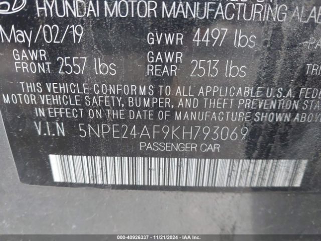 Photo 8 VIN: 5NPE24AF9KH793069 - HYUNDAI SONATA 