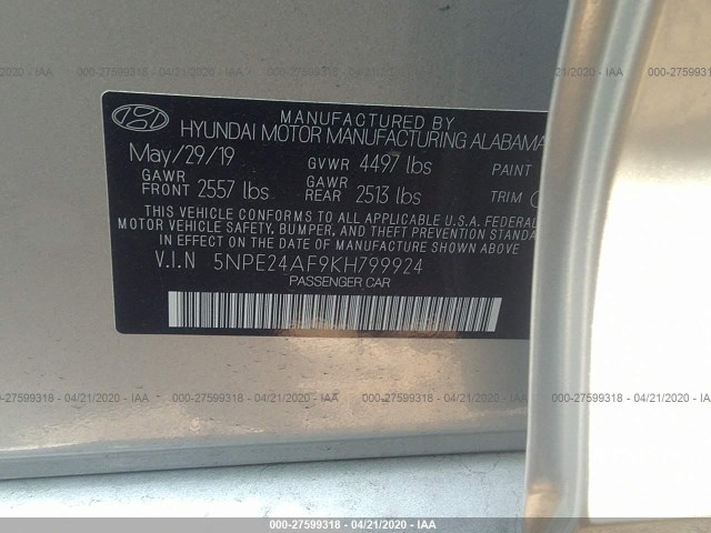 Photo 8 VIN: 5NPE24AF9KH799924 - HYUNDAI SONATA 