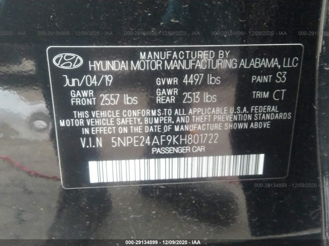 Photo 8 VIN: 5NPE24AF9KH801722 - HYUNDAI SONATA 