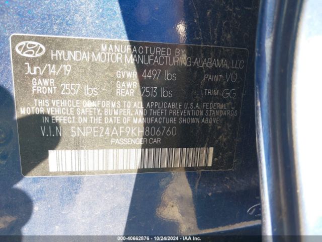 Photo 8 VIN: 5NPE24AF9KH806760 - HYUNDAI SONATA 