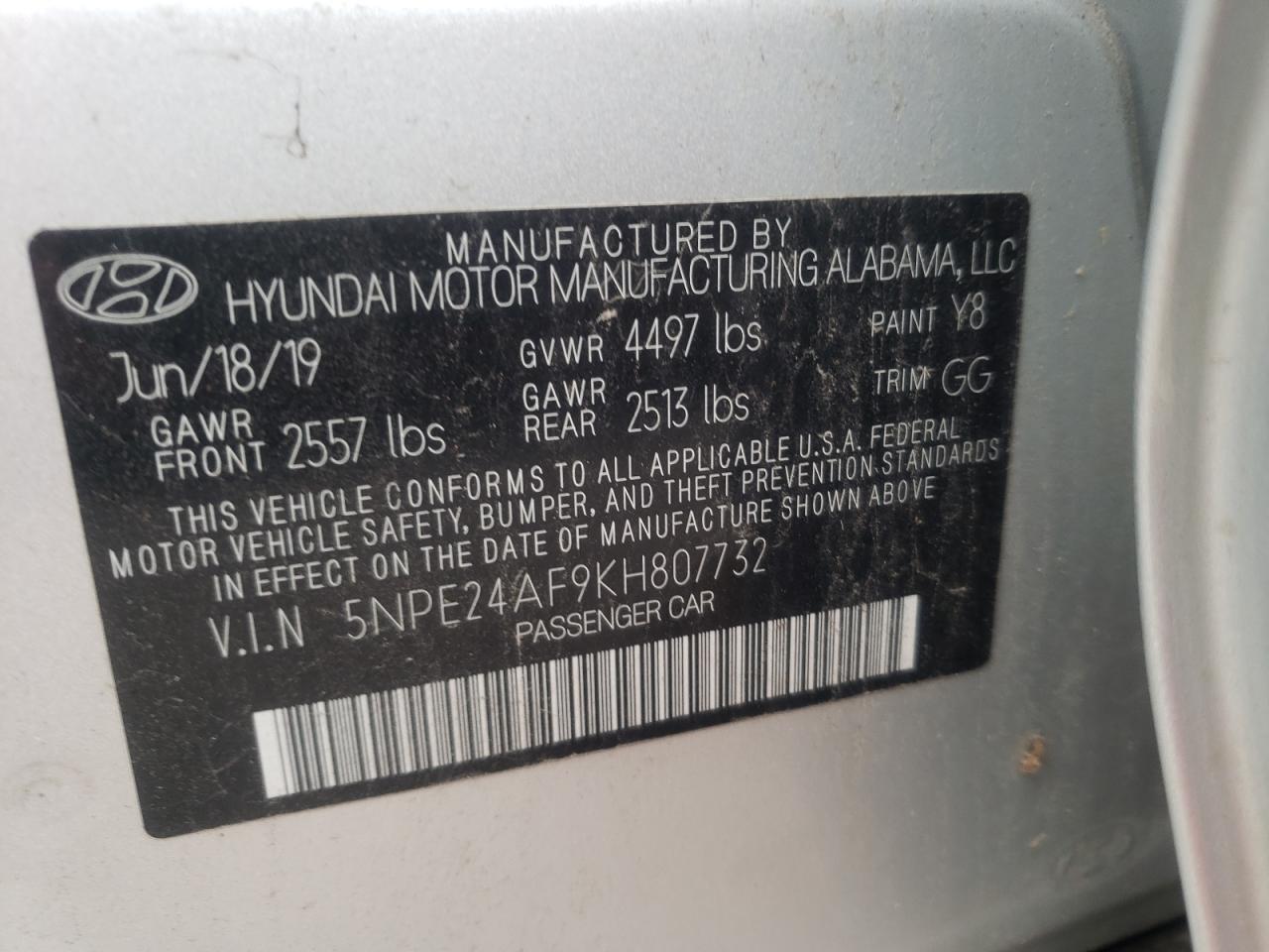 Photo 11 VIN: 5NPE24AF9KH807732 - HYUNDAI SONATA 