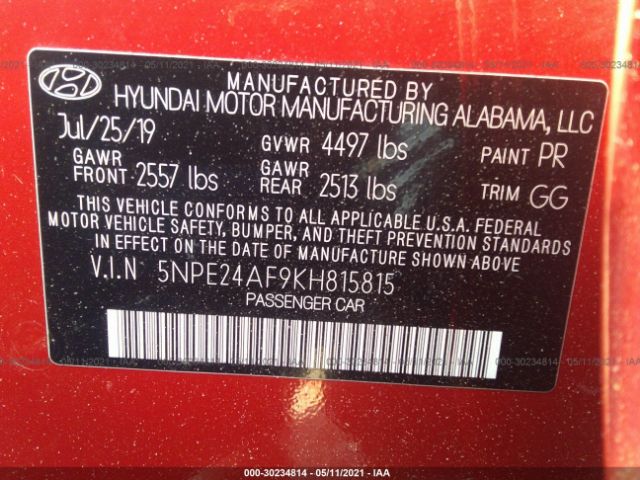 Photo 8 VIN: 5NPE24AF9KH815815 - HYUNDAI SONATA 