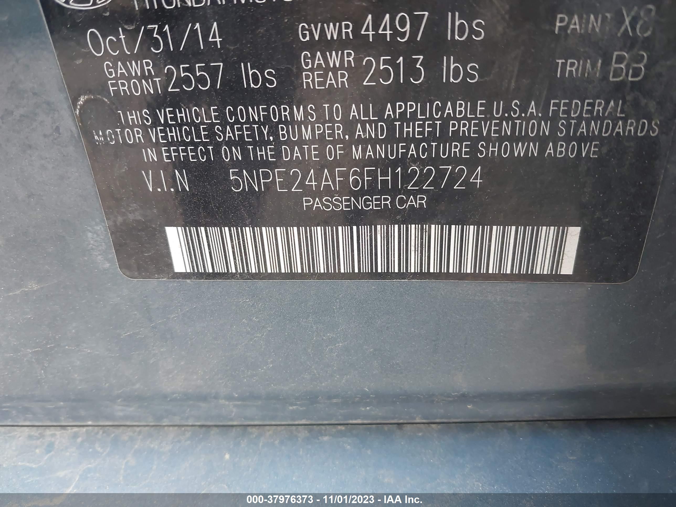 Photo 8 VIN: 5NPE24AFBFH122724 - HYUNDAI SONATA 