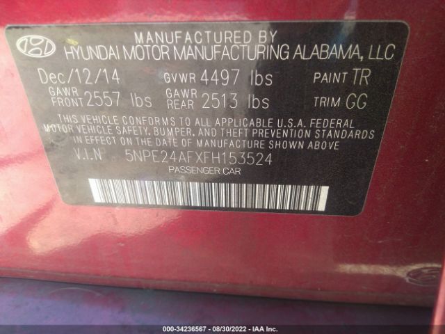 Photo 8 VIN: 5NPE24AFXFH153524 - HYUNDAI SONATA 