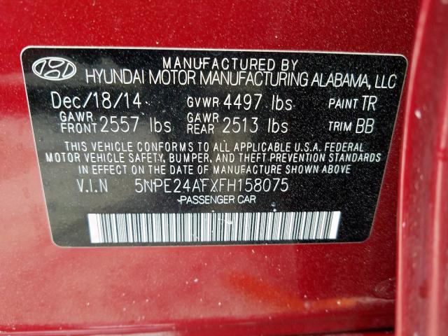 Photo 9 VIN: 5NPE24AFXFH158075 - HYUNDAI SONATA SE 