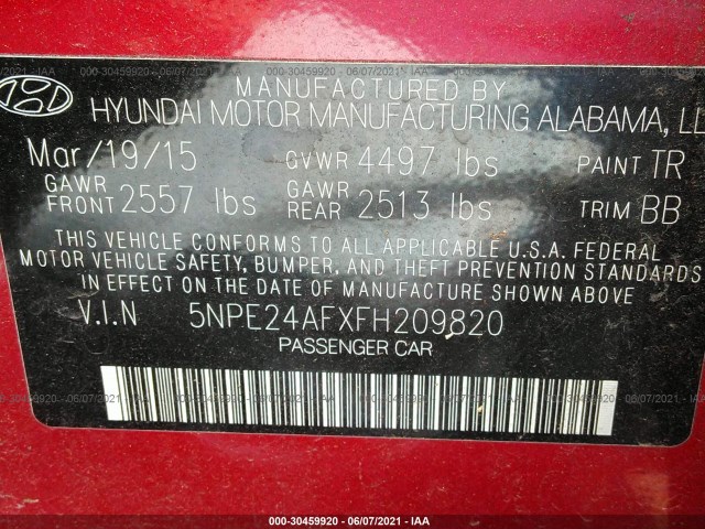 Photo 8 VIN: 5NPE24AFXFH209820 - HYUNDAI SONATA 