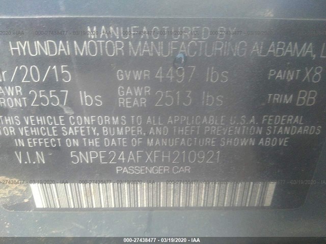 Photo 8 VIN: 5NPE24AFXFH210921 - HYUNDAI SONATA 