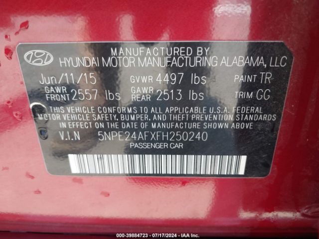 Photo 8 VIN: 5NPE24AFXFH250240 - HYUNDAI SONATA 