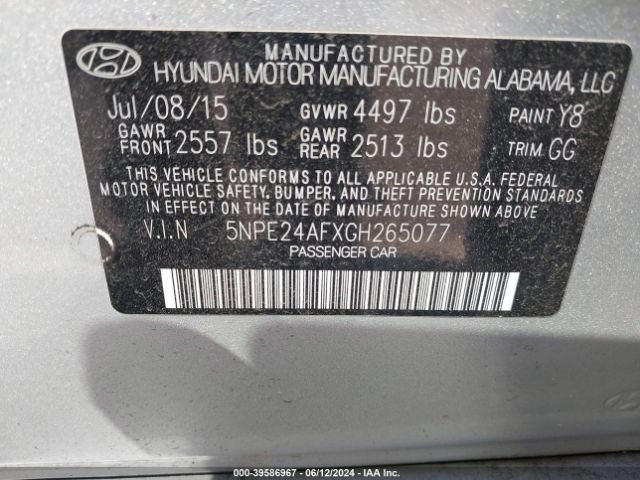 Photo 8 VIN: 5NPE24AFXGH265077 - HYUNDAI SONATA 