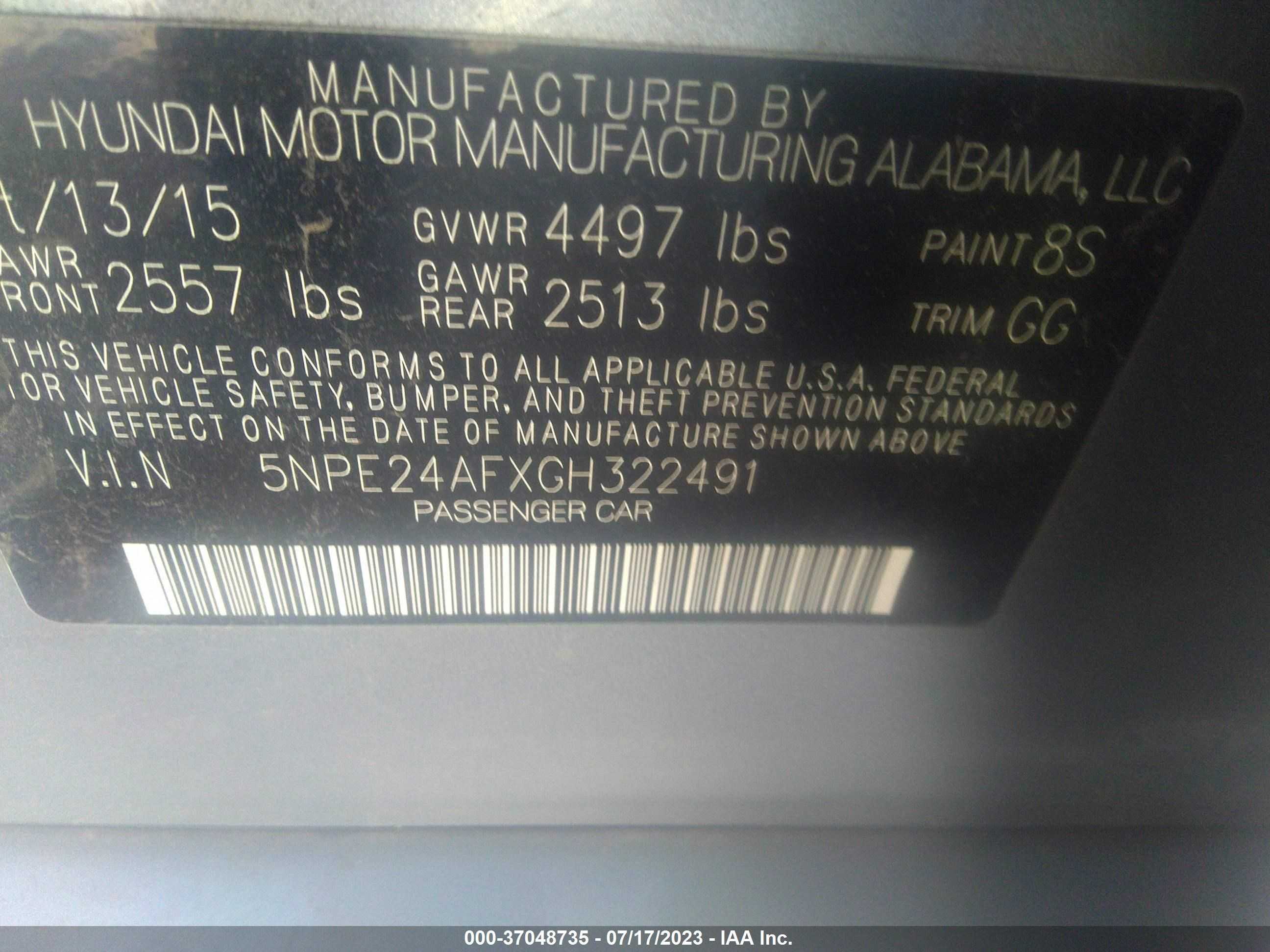 Photo 8 VIN: 5NPE24AFXGH322491 - HYUNDAI SONATA 