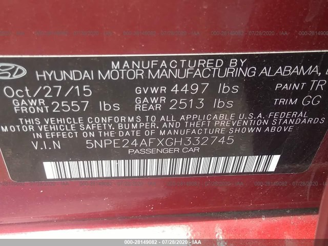 Photo 8 VIN: 5NPE24AFXGH332745 - HYUNDAI SONATA 