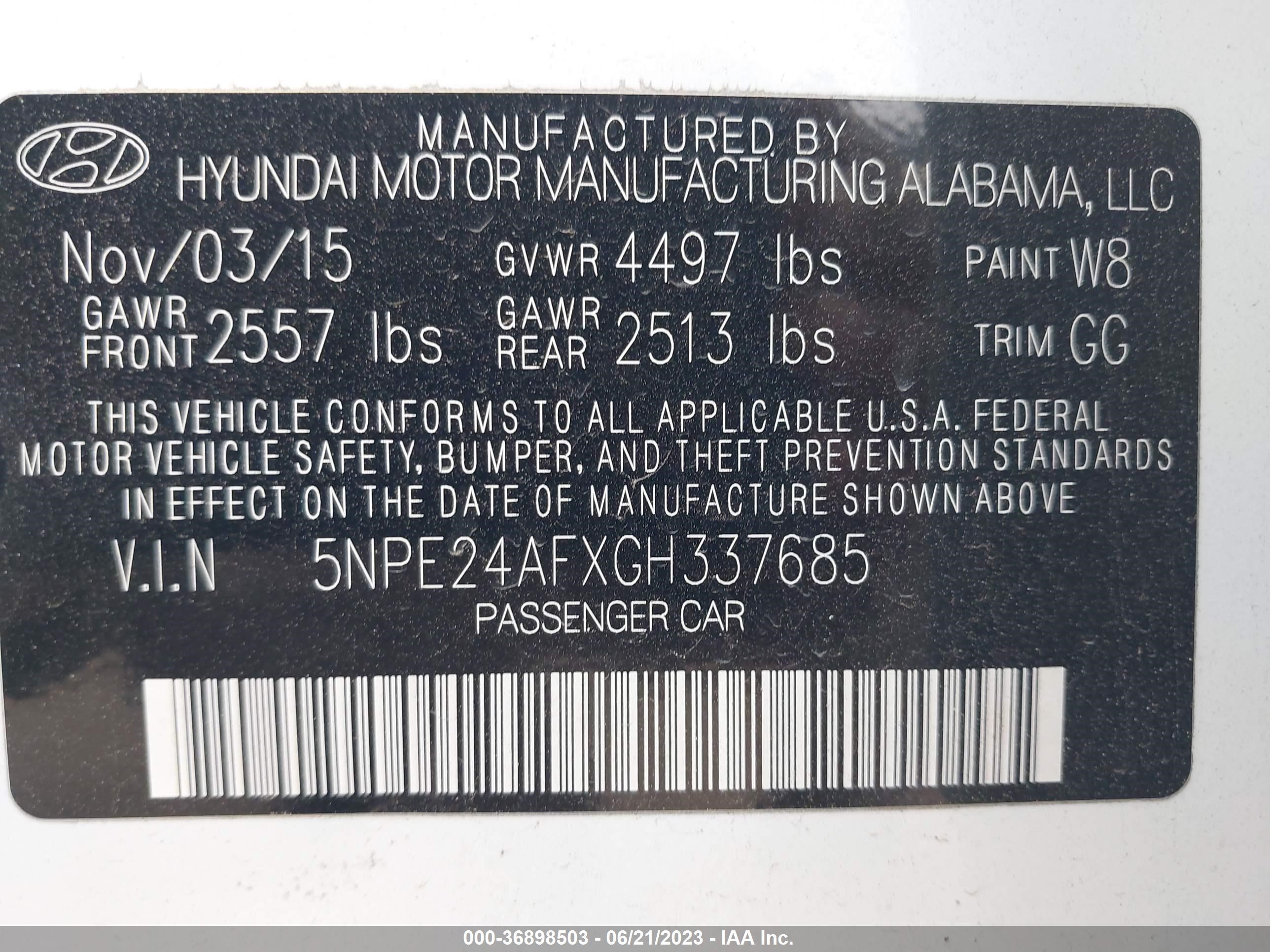 Photo 8 VIN: 5NPE24AFXGH337685 - HYUNDAI SONATA 