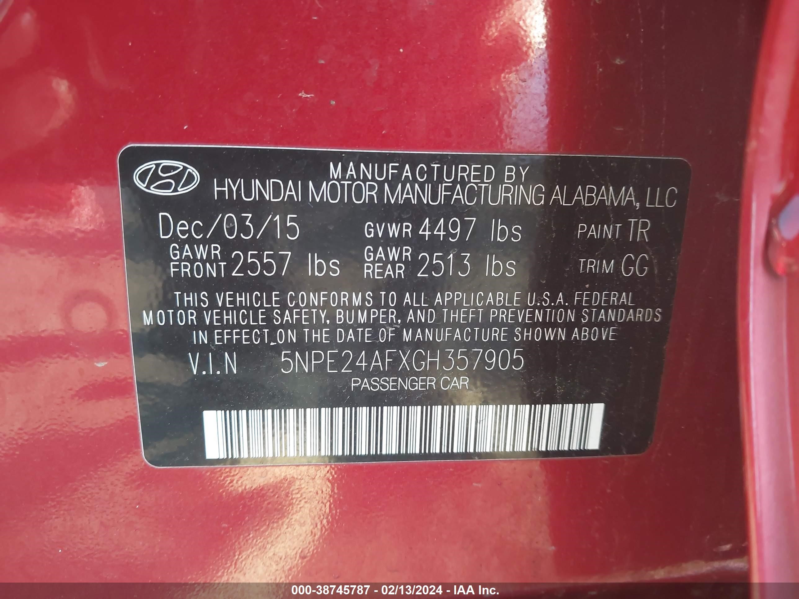 Photo 8 VIN: 5NPE24AFXGH357905 - HYUNDAI SONATA 