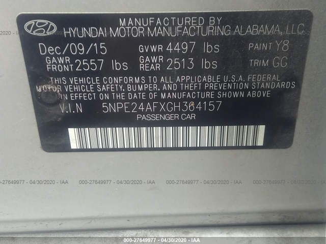 Photo 8 VIN: 5NPE24AFXGH364157 - HYUNDAI SONATA 