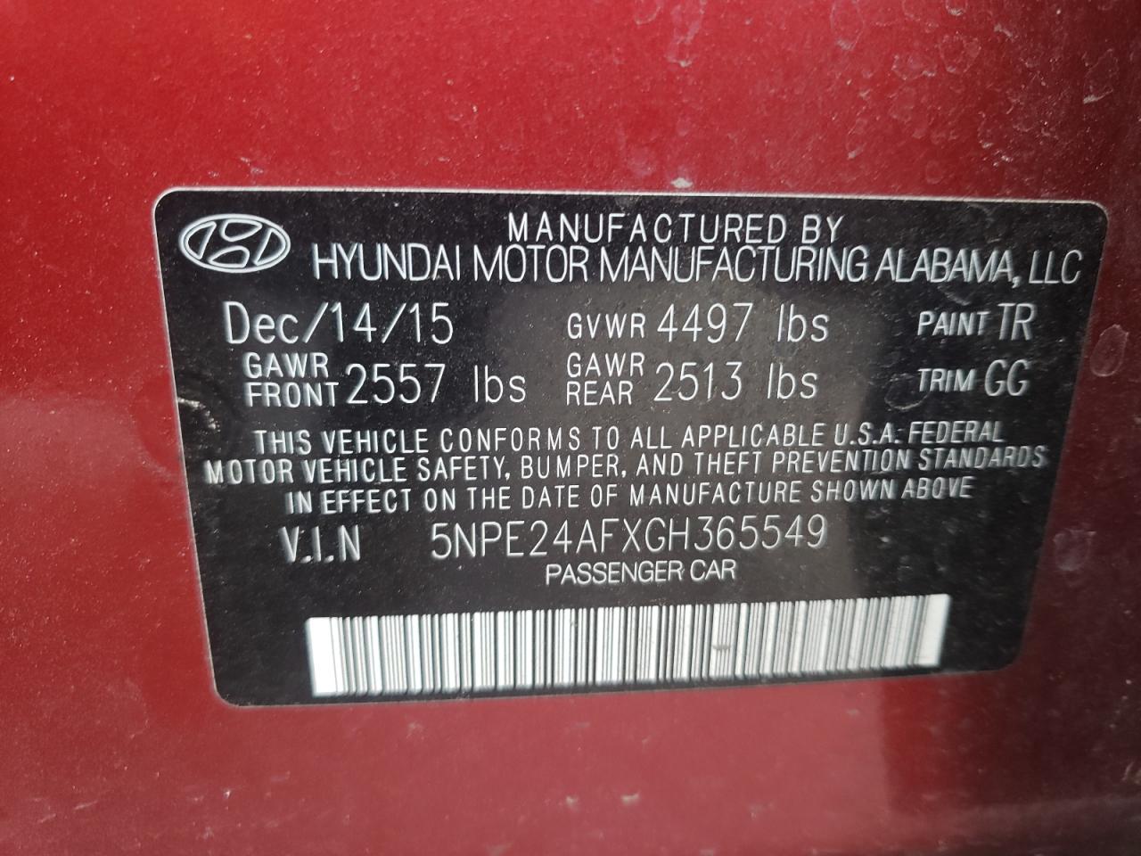 Photo 11 VIN: 5NPE24AFXGH365549 - HYUNDAI SONATA 