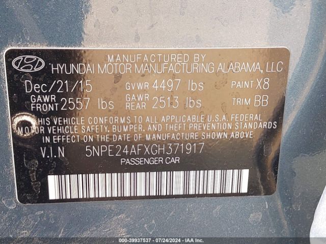 Photo 8 VIN: 5NPE24AFXGH371917 - HYUNDAI SONATA 