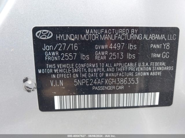 Photo 8 VIN: 5NPE24AFXGH386353 - HYUNDAI SONATA 