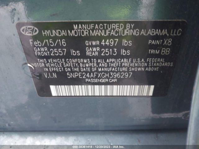 Photo 8 VIN: 5NPE24AFXGH396297 - HYUNDAI SONATA 