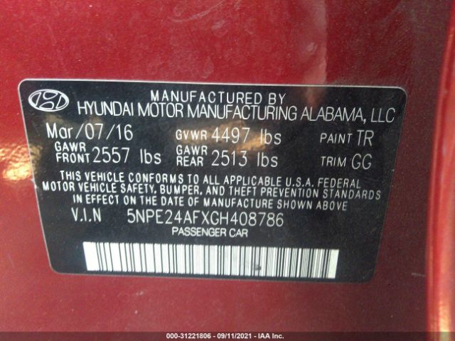 Photo 8 VIN: 5NPE24AFXGH408786 - HYUNDAI SONATA 