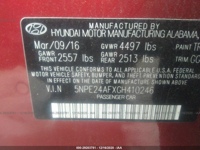 Photo 8 VIN: 5NPE24AFXGH410246 - HYUNDAI SONATA 