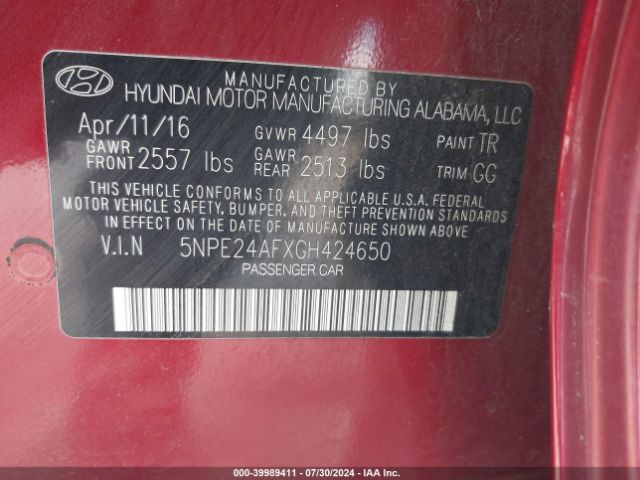 Photo 8 VIN: 5NPE24AFXGH424650 - HYUNDAI SONATA 