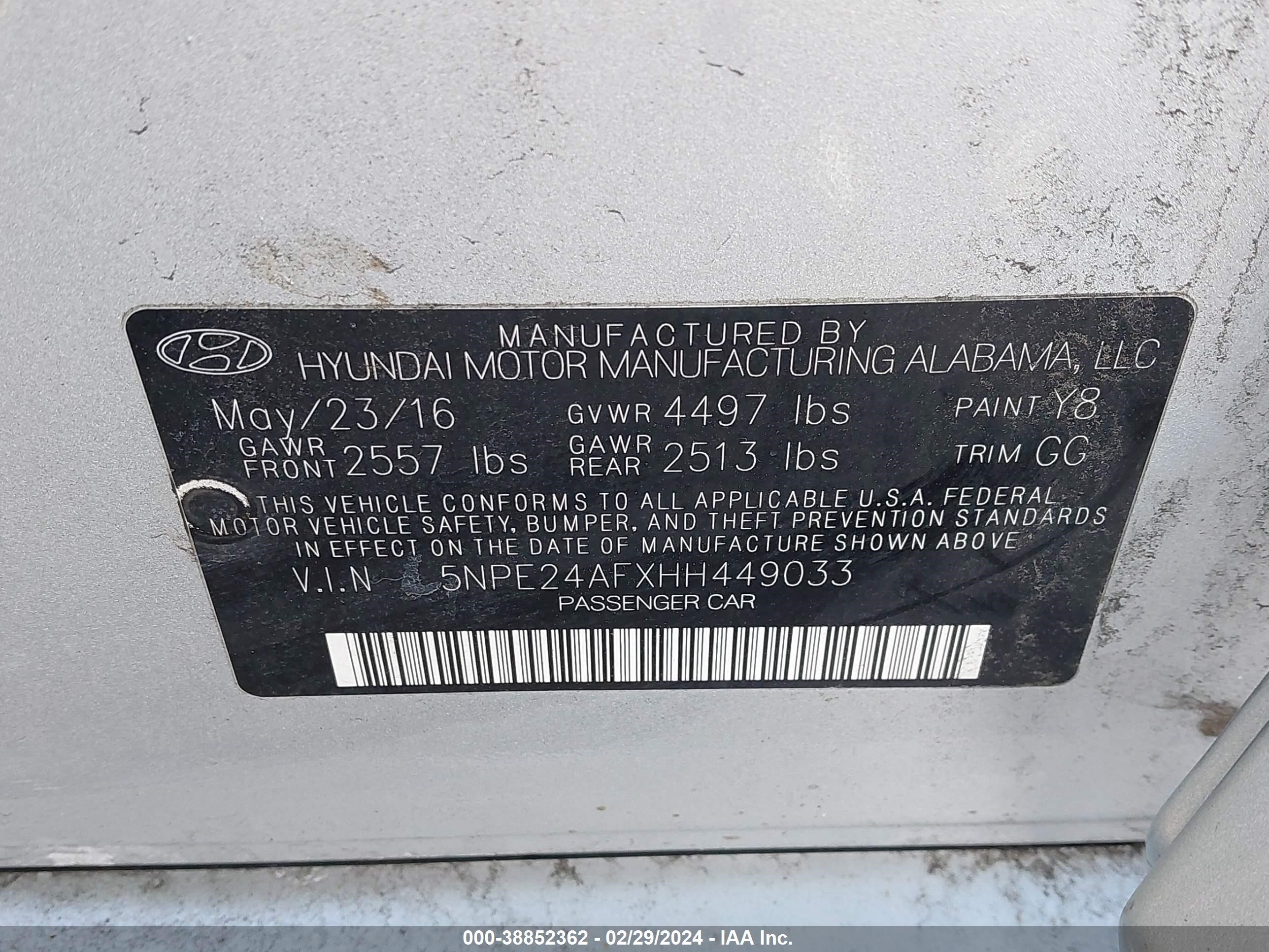 Photo 8 VIN: 5NPE24AFXHH449033 - HYUNDAI SONATA 