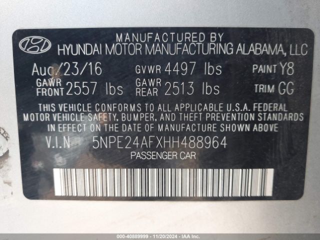 Photo 8 VIN: 5NPE24AFXHH488964 - HYUNDAI SONATA 