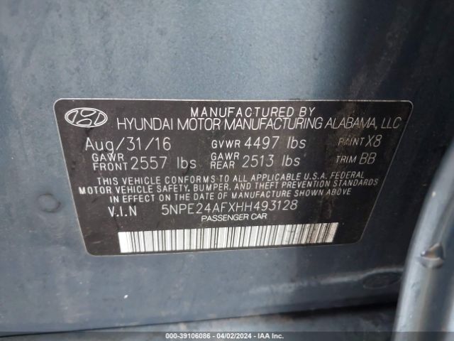 Photo 8 VIN: 5NPE24AFXHH493128 - HYUNDAI SONATA 