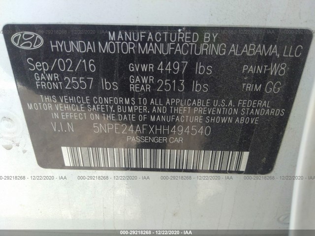 Photo 8 VIN: 5NPE24AFXHH494540 - HYUNDAI SONATA 