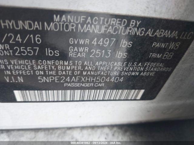 Photo 8 VIN: 5NPE24AFXHH504404 - HYUNDAI SONATA 