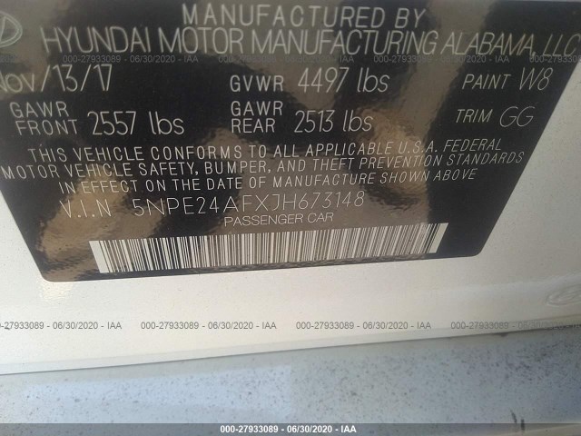 Photo 8 VIN: 5NPE24AFXJH673148 - HYUNDAI SONATA 