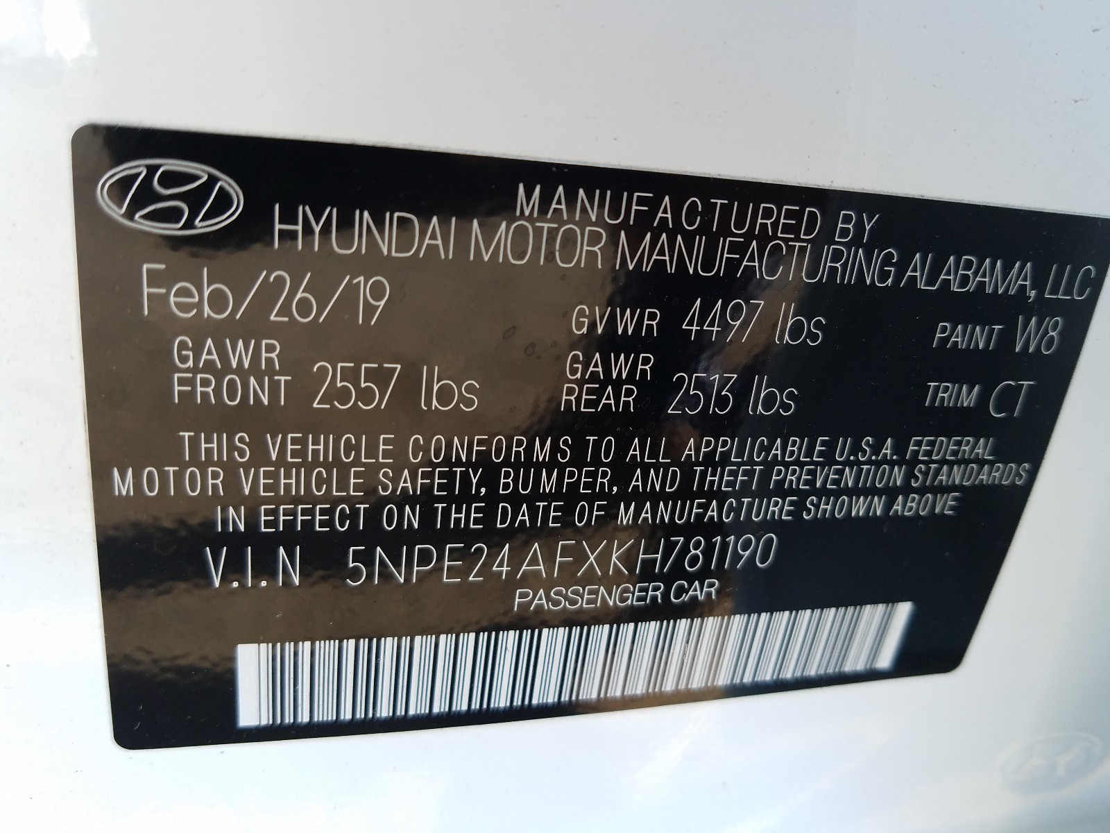 Photo 9 VIN: 5NPE24AFXKH781190 - HYUNDAI SONATA SE 