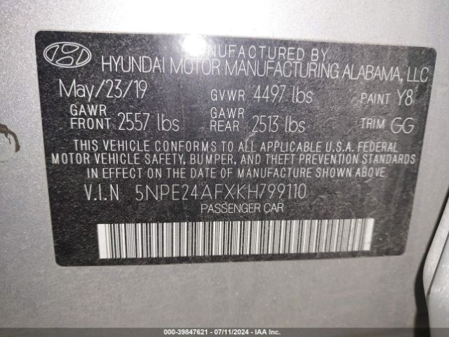 Photo 8 VIN: 5NPE24AFXKH799110 - HYUNDAI SONATA 