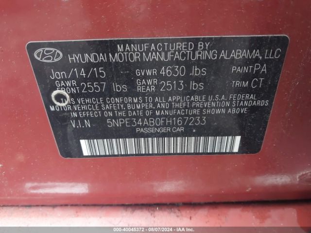 Photo 8 VIN: 5NPE34AB0FH167233 - HYUNDAI SONATA 