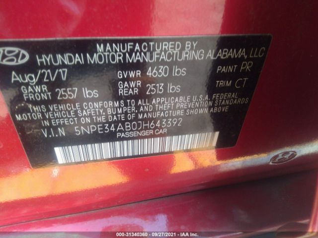 Photo 8 VIN: 5NPE34AB0JH643392 - HYUNDAI SONATA 