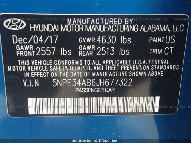 Photo 8 VIN: 5NPE34AB6JH677322 - HYUNDAI SONATA 